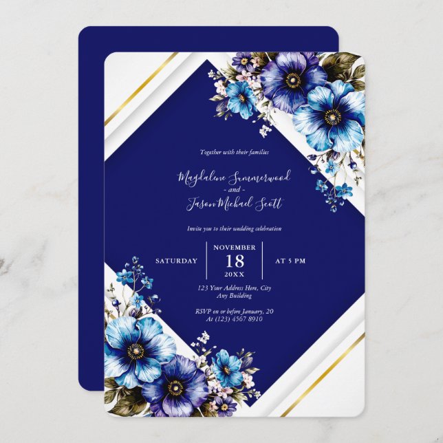 Convite Flores de Aquarela Douradas de Quadro Azul Elegant (Frente/Verso)