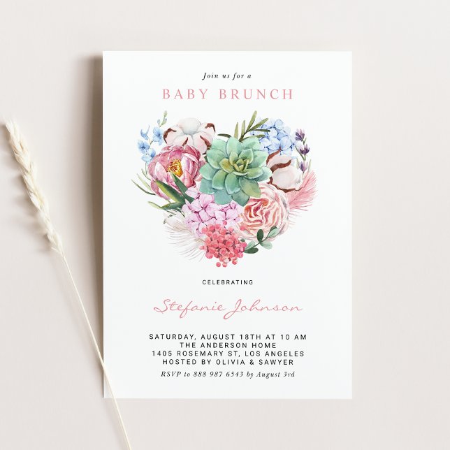 Convite Flores de Aquarela e Succulent Heart Baby Brunch (Criador carregado)