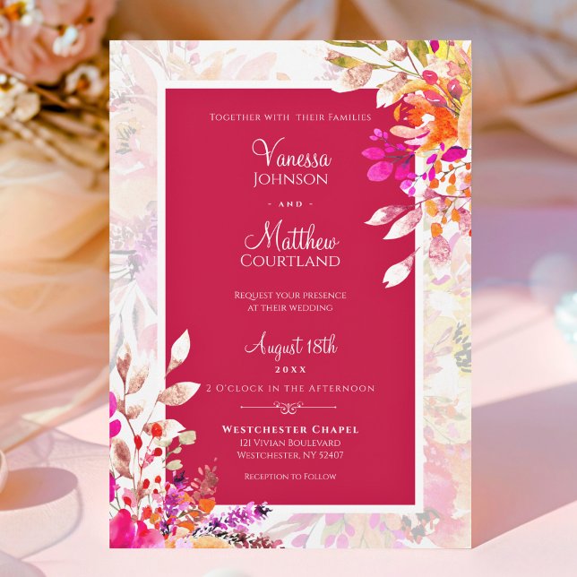 Convite Flores de Aquarela Elegantes, Cor de Rosa e Casame (Pink and Orange Elegant Watercolor Floral Wedding Invitation)