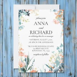 Convite Flores de Aquarela em Casamento Neutro com Tons de