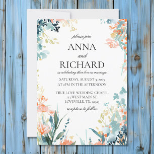 Convite Flores de Aquarela em Casamento Neutro com Tons de