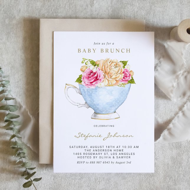 Convite Flores de Aquarela em Teacup Baby Brunch (Criador carregado)
