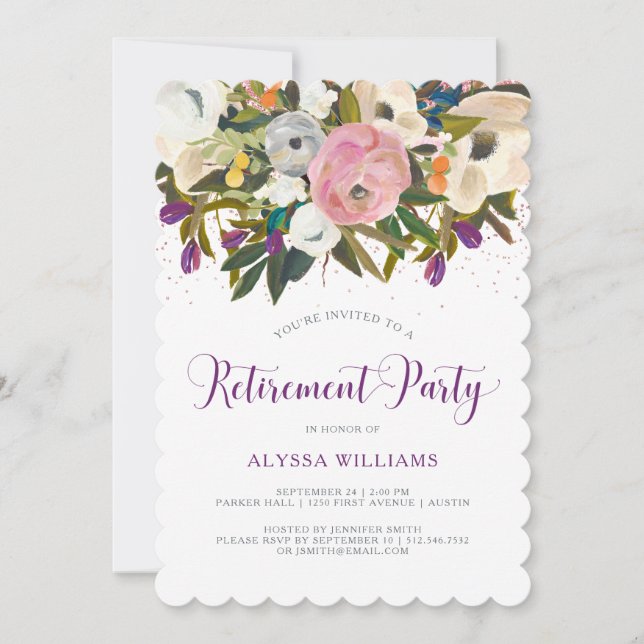 Convite Flores de Aquarela| Faux Glitter Retirement Party (Frente)