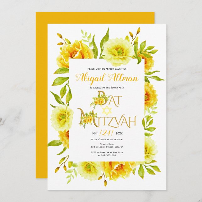 Convite Flores de aquarela floral Bat Mitzvah (Frente/Verso)