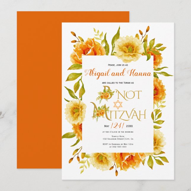 Convite Flores de aquarela laranja floral B'Não Mitzvah (Frente/Verso)