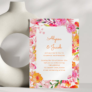 Convite Flores de Aquarela Laranja Rosa Casamento Escrito