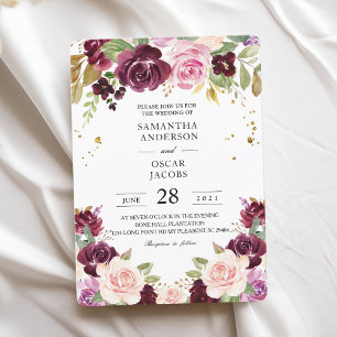 Convite Flores de Aquarela Moody & Rustic Burgundy e Folha