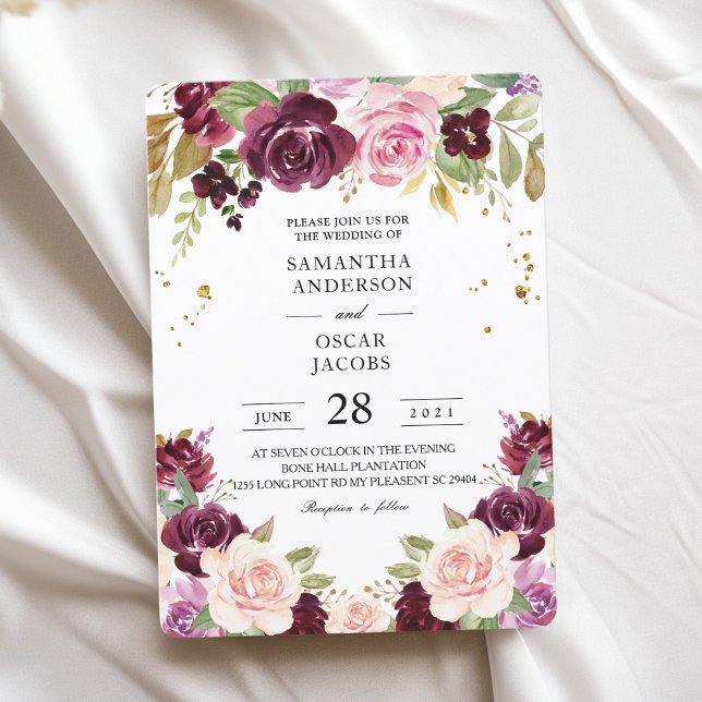 Convite Flores de Aquarela Moody & Rustic Burgundy e Folha (Criador carregado)