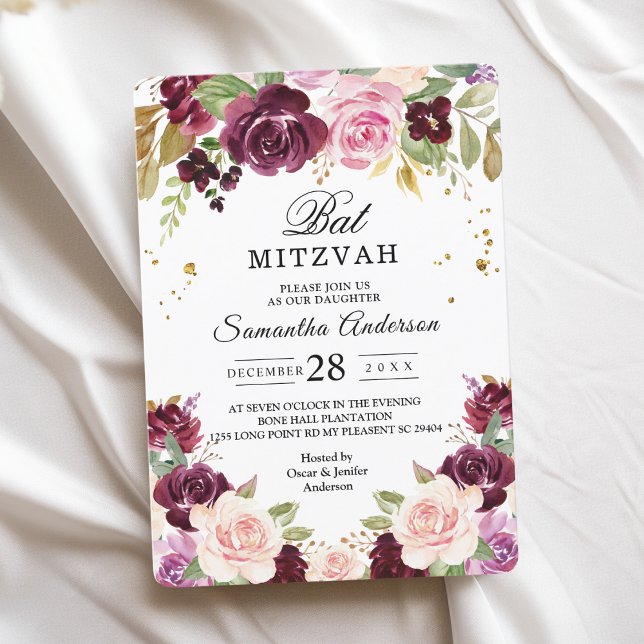 Convite Flores de Aquarela Moody & Rustic Burgundy e Folha (Criador carregado)