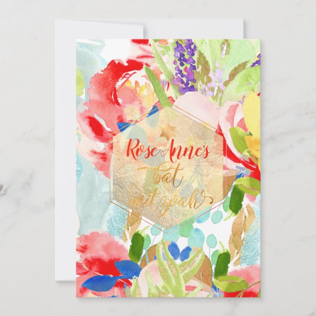 Convite Flores de Aquarela PixDezines Primavera Bat Mitzva (Frente)