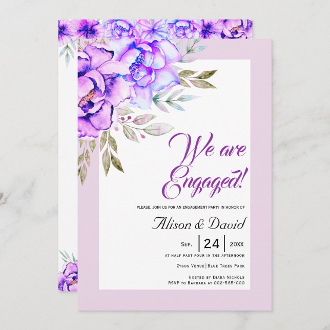 Convite Flores de aquarela púrpura noivado lilás (Frente/Verso)