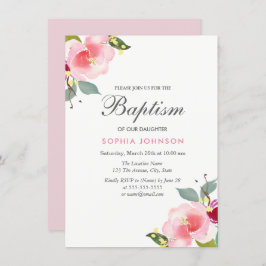 Convite Flores de Aquarela Rosa Baptism Christening Convit