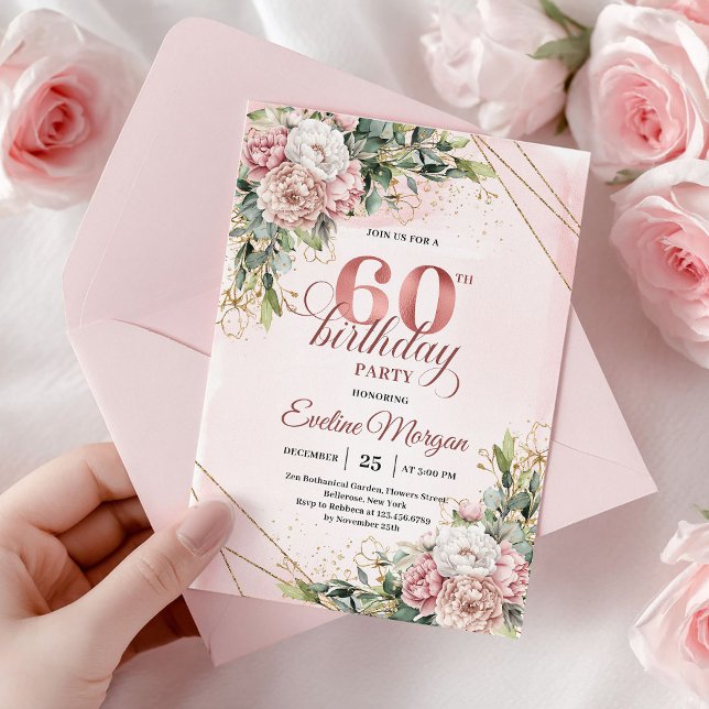 Convite Flores de Aquarela Rosa Bege Dourado Rosa 60º Aniv (Blush Pink Watercolor Flowers Rose Gold 60th Birthday)