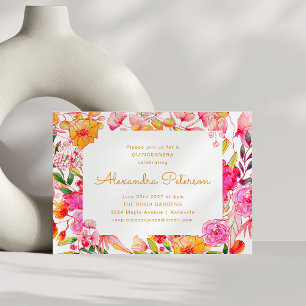 Convite Flores de Aquarela Rosa e Laranja QUINCEAÑERA