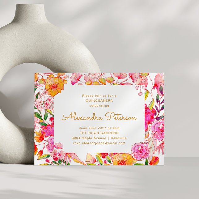 Convite Flores de Aquarela Rosa e Laranja QUINCEAÑERA (Criador carregado)