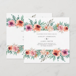Convite Flores de Aquarela Rosa e Pêssego Casamento Modern