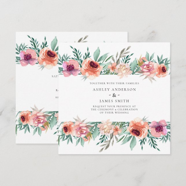 Convite Flores de Aquarela Rosa e Pêssego Casamento Modern (Frente/Verso)