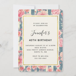 Convite Flores de Aquarela Rosa em Stripes Aniversário