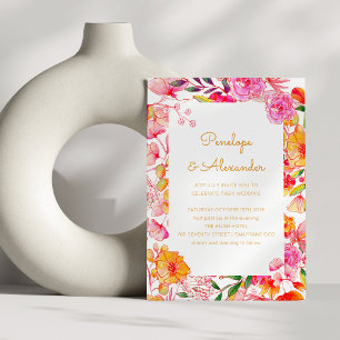 Convite Flores de Aquarela Rosa Laranja Script Casamento C