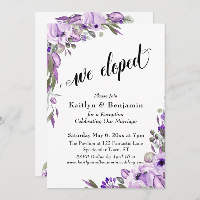 Convite Flores De Aquarela Roxas Que Elogiamos Tipografia (Frente/Verso)