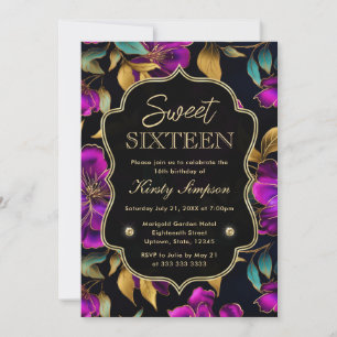 Convite Flores de Aquarela Roxo e Verde Água Sweet Sixteen