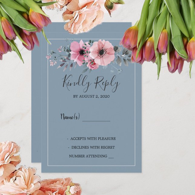 Convite Flores de aquarela russas azuis poeirentos RSVP (Rustic watercolor flowers dusty blue Wedding RSVP Invitation. You can add your own text.)