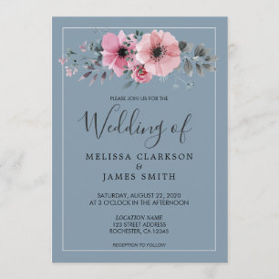 Convite Flores de aquarela russas azul poeirento Casamento
