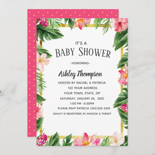 Convite Flores de Aquarela Tropicais Chá de fraldas de Ver (Frente/Verso)