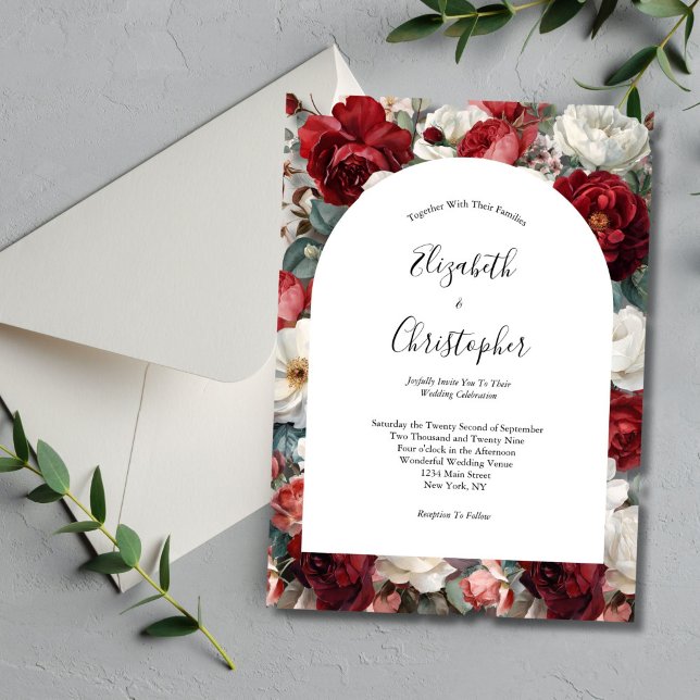 Convite Flores de Aquarela Vermelho Branco Elegantes (Red White Floral Wedding Invitation. Elegant and Modern. Arch Shape)