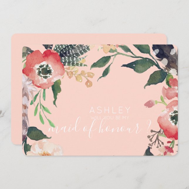 Convite Flores de Aquarela Você Será Minha Dama de Honra N (Frente/Verso)