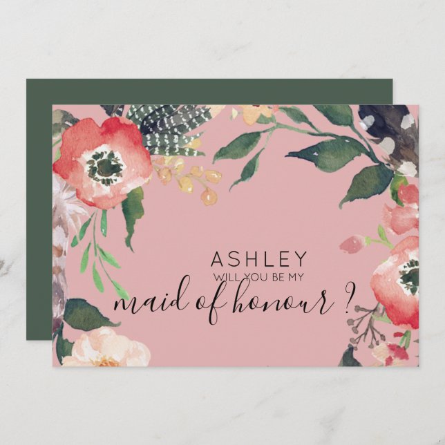 Convite Flores de Aquarela Você Será Minha Dama de Honra N (Frente/Verso)