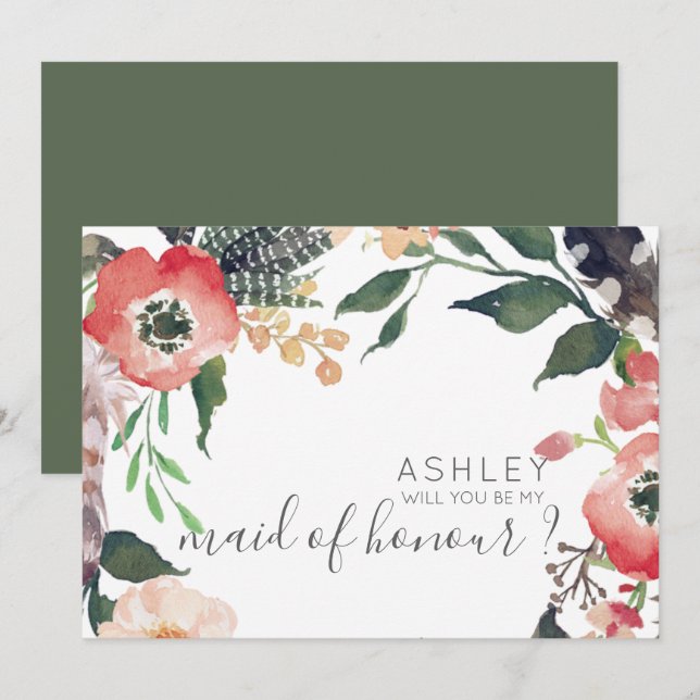 Convite Flores de Aquarela Você Será Minha Dama de Honra N (Frente/Verso)