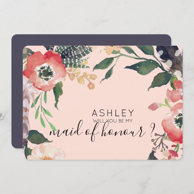 Convite Flores de Aquarela Você Será Minha Dama de Honra N (Frente/Verso)