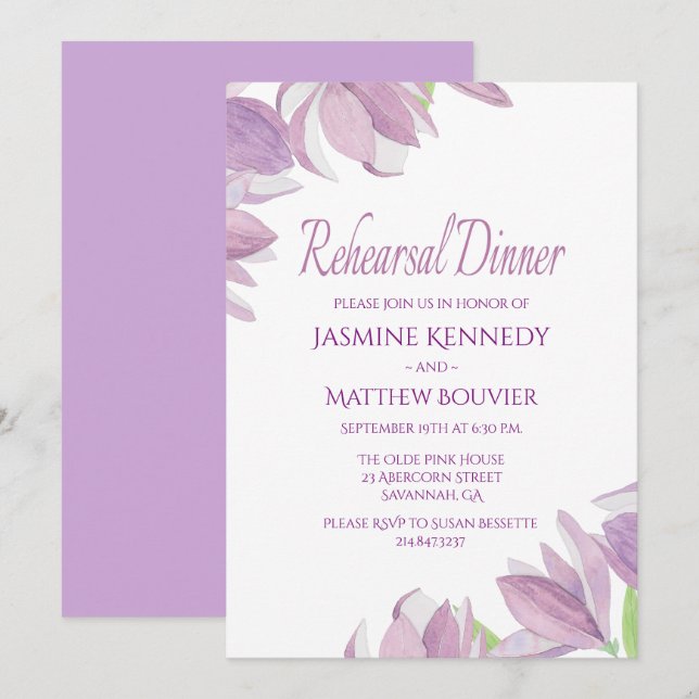 Convite Flores de Aquarelas Jantadas Púrpura, Reensaio Flo (Frente/Verso)