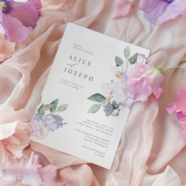 Convite Flores de Aquarelas Roxas Elegantes e Verde (Elegant Purple Watercolor Flowers & Greenery Invitation)