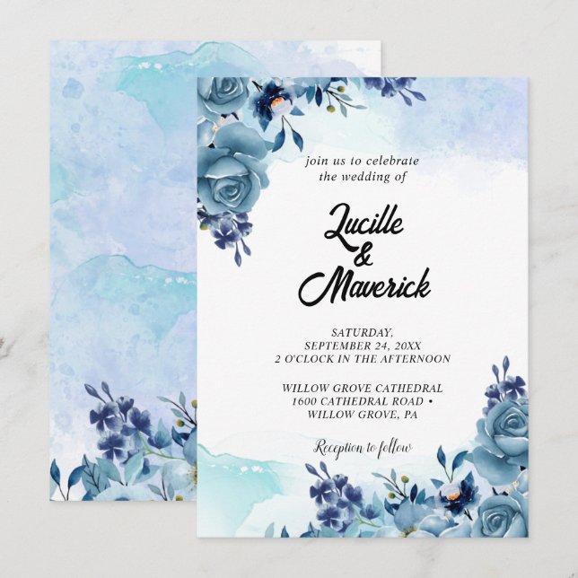 Convite Flores De Aquarelas Violetas Violetas Violetas Azu (Frente/Verso)