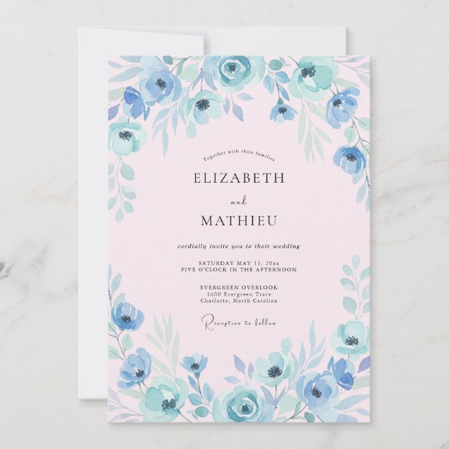 Convite Flores de Arquitetura de Casamento em Azul Empoeir (Frente)