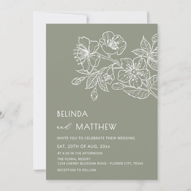Convite Flores de Arte de Linha Branca Casamento Informal  (Frente)