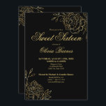 Convite Flores de Arte de Linha Dourada e Preta, Doce 16<br><div class="desc">Black and Dourado Sweet 16 Invitation com flores elegantes e esboçadas. O design floral chico apresenta desenhos finos de linhas botânicas de flores e folhas em ouro,  juntamente com a tipografia de escrita clássica.</div>