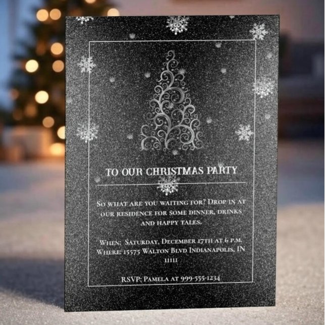 Convite Flores de Árvore de Natal e Flocos de Neve | Prata (Silver Christmas Tree Glitter and Snowflakes Party Invitation)