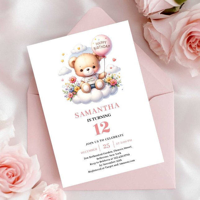 Convite Flores de balão de ursinho fofo aniversário de men (Sweet teddy bear balloon flowers girl birthday invitation

)