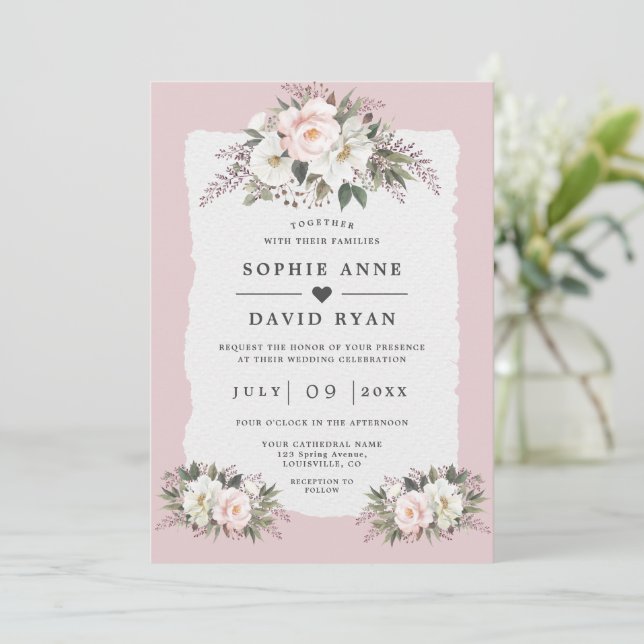 Convite Flores de Beijo Branco Aquarela Casamento  (Em pé/Frente)