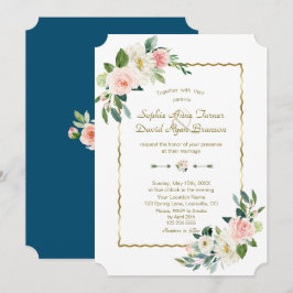 Convite Flores de Blush Aquarela Dourado Casamento Azul Ma