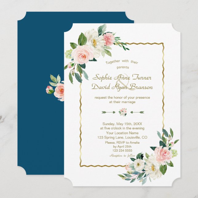 Convite Flores de Blush Aquarela Dourado Casamento Azul Ma (Frente/Verso)