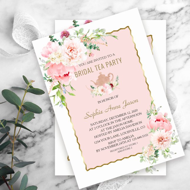 Convite Flores de Blush Douradas Frame Festa de Chá Bridal (elegant trendy gold pink flowers bridal tea party invitation)