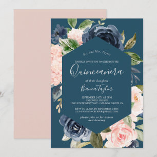 Convite Flores de Blush e Marinho   Blue Quinceañera