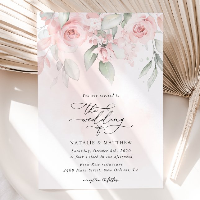 Convite Flores De Blush, Flores Rosa, Verde, Casamento (Criador carregado)
