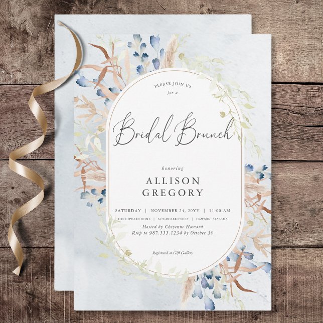 Convite Flores de Boho Secas Azuis Brunei Azul (Blue Dried Boho Flowers Blue Bridal Brunch Invitation)