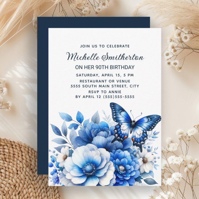 Convite Flores de Borboleta Azul 90 Elegante Aniversário (Blue floral and butterfly 90th birthday party invitation)