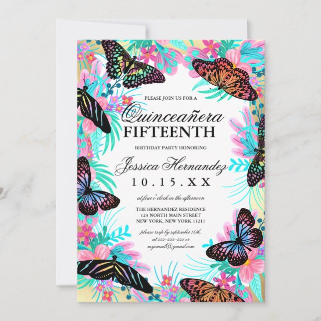 Convite Flores De Borboleta Deixam Aquañera Quinceañera (Frente)